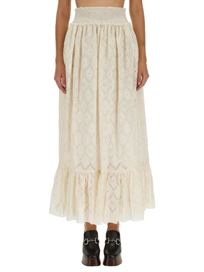 Gucci Women Floral Broderie Anglaise Skirt In Beige