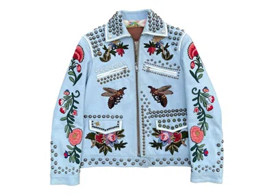 Pre-owned Gucci Women's Floral Embroidered Leather Jacket In Blue