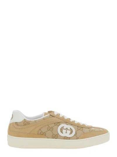 Gucci Women 'g75' Beige Sneaker With All-over Gg Motif And Side Logo In Suede Woman In Multi