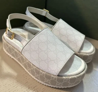 Pre-owned Gucci Women Gg Angelina Platform Sandal Beige/white 12 Us ( 42 Eu ) 701153