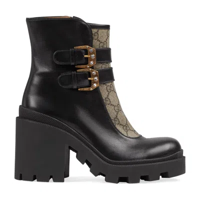 Gucci Gg Supreme Buckle Ankle Boots In Black