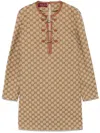 Gucci Beige Crewneck Mini Dress With Horsebit On The Front In Gg Canvas Woman In Multicolor