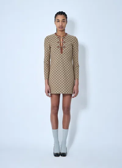 Gucci Beige Crewneck Mini Dress With Horsebit On The Front In Gg Canvas Woman In Brown