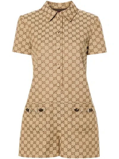 Gucci Women Gg Canvas Short Jumpsuit In Brown