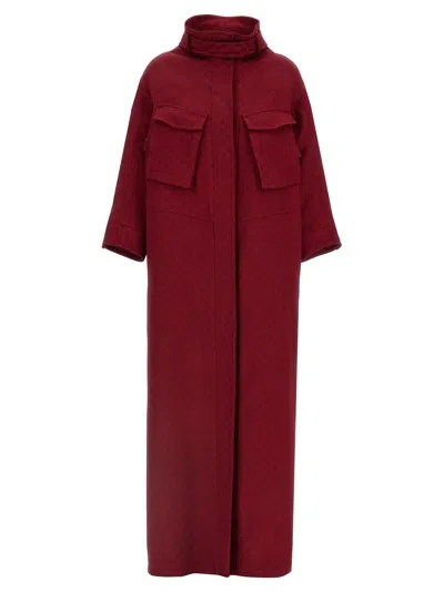 Gucci Monogram High Collar Long Length Jacket In Burgundy