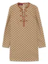 Gucci Beige Crewneck Mini Dress With Horsebit On The Front In Gg Canvas Woman In Camel