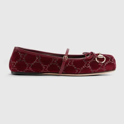 Gucci Gg Crystal Velvet Horsebit Mary Jane Ballerina Flats In Red
