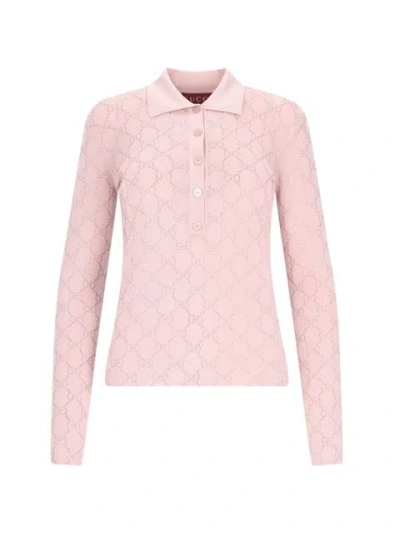 Gucci "gg Crystal" Knit Polo Shirt In Nude & Neutrals