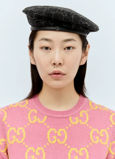 Gucci Women Gg Denim Beret Hat In Black