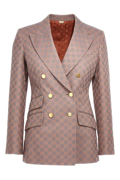 Gucci 'gg' Double Breast Blazer Jacket In Grey