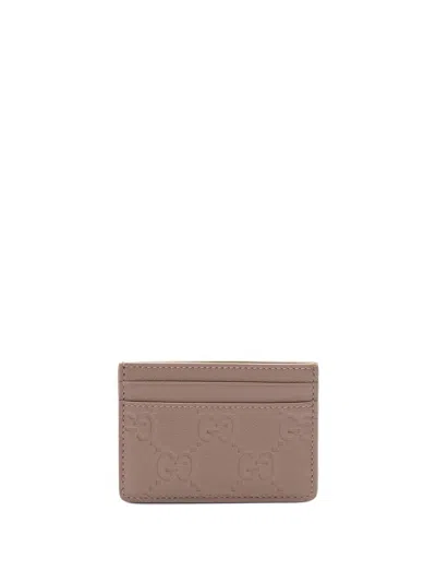 Gucci Beige Cardholder With Embossed Logo Pattern In Brown