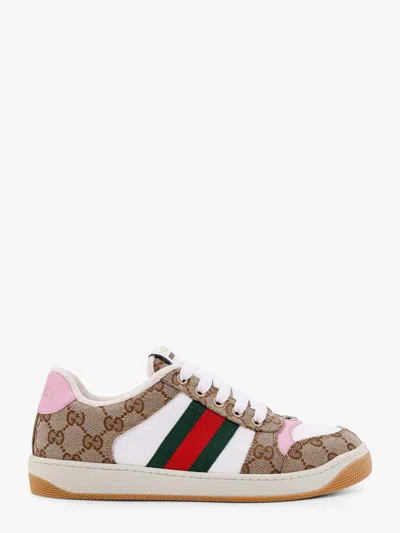Gucci Women Gg Fabric Trainers With Iconic Web Stripe On The Side In Beige
