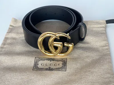 Pre-owned Gucci Women's Gg Leather Belt Black Size 105-42 Shiny Gold Buckle