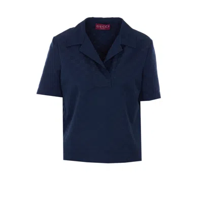Gucci Women Fabric Polo Shirt With Gg Pattern In Blue