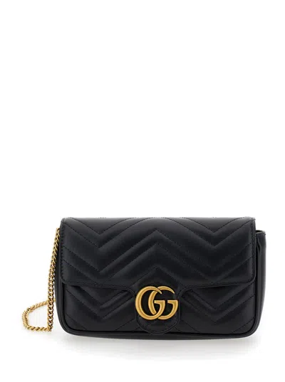 Gucci Women 'gg Marmont 2.0' Mini Black Crossbody Bag With Double G In Chevron Leather Woman