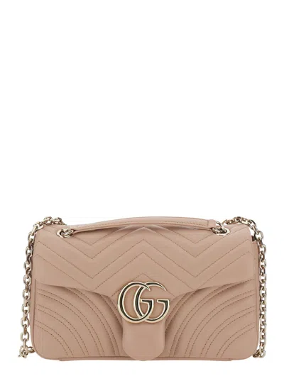 Gucci Women 'gg Marmont' Pink Crossbody Bag With Chain-link Sliding Shoulder Strap And Gg Plaque On  In Brown