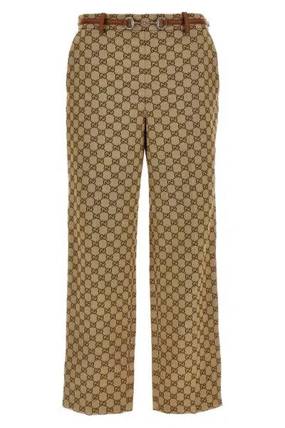 Gucci Belted Cropped Logo-jacquard Cotton-blend Canvas Tapered Pants In Brown