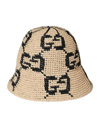 Gucci Beige Raffia Hat With Black Gg Logo Embroidery In Cream