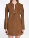 Gucci Brown Dress With Front Horsebit Details And All-over Gg Motif In Suede Woman In Brown