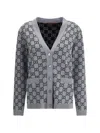 Gucci Women Grey V-neck Cardigan With All-over Gg Motif In Wool Woman In Gray