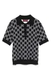 Gucci Black Polo Shirt With Ribbed Trims In Gg Canvas Woman In Black
