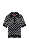 Gucci Black Polo Shirt With Ribbed Trims In Gg Canvas Woman In Black