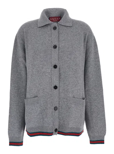 Gucci Women Grey Cardigan With Pointed Collar And Web Detailing On Edges In Wool And Cashmere Blend  In Gray