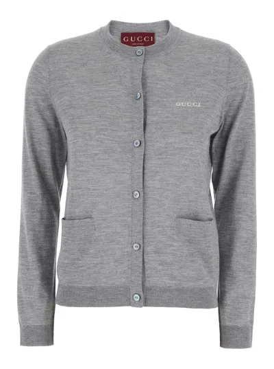 Gucci Grey Cardigan With Round Neck And Logo Lettering Embroidery On The Front In Cashmere And Silk Woman In Gray