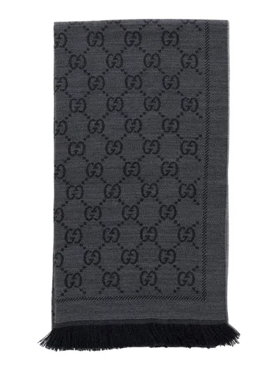 Gucci Women Grey Knit Scarf With Gg Motif In Wool Woman