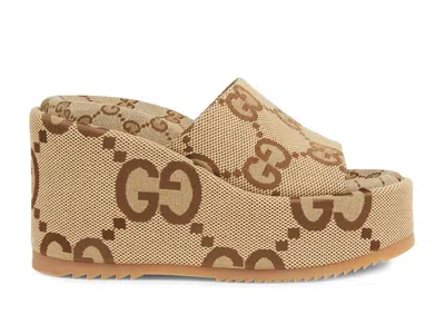 Pre-owned Gucci Women's  105mm Platform Slide Sandal Beige Gg Canvas Sneakers In Camel/ebony Gg/maxi Canvas