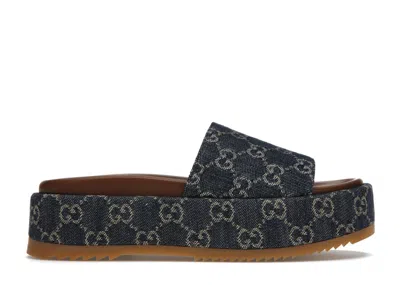 Pre-owned Gucci Women's  Angelina Platform 55 Mm Sandal Jacquard Denim Sneakers In Dark Blue/ivory/gg Jacquard