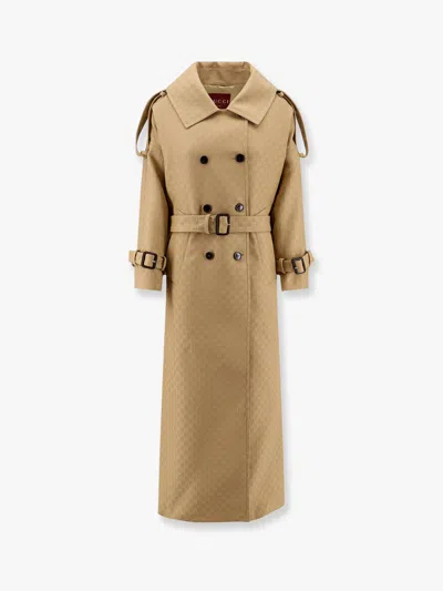 Gucci Beige Double-breasted Oversize Coat With Dropped Shoulders And Rear Single Vent In Gg Canvas W In Multicolor