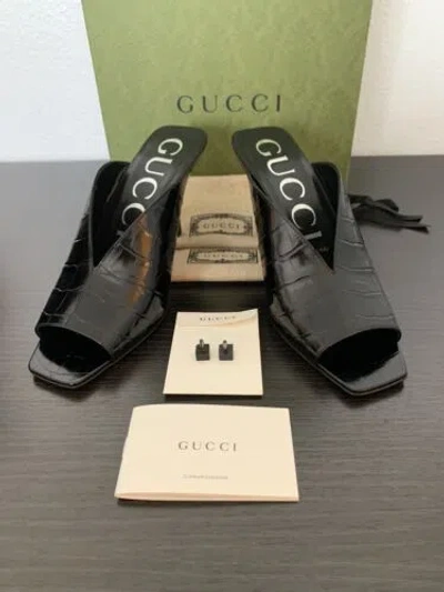 Pre-owned Gucci Women's  Black Embosed Crocodile Heel, Sandal, Mule Size 38 It/ Size 8 Us