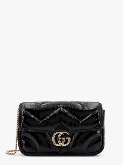 Gucci Women Gg Marmont Patent Leather Shoulder Bag With Frontal Gg Logo In Black