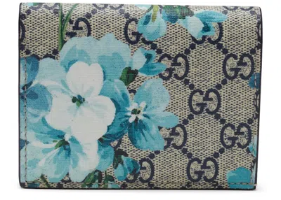 Pre-owned Gucci Women's  Card Case Wallet Blooms Gg Supreme Blue/beige/red