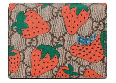 Pre-owned Gucci Women's  Card Case Wallet Gg Strawberry In Beige/ebony