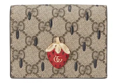 Pre-owned Gucci Women's  Card Case Wallet With Double G Strawberry In Beige/ebony