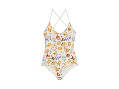 Pre-owned Gucci Women's  Cartoon Animal Print One Piece Bathing Suit In White