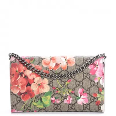 Pre-owned Gucci Women's  Chain Wallet Monogram Gg Supreme Blooms In Antique Rose
