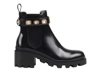 Pre-owned Gucci Women's  Crystal Belt 60mm Ankle Boot Leather Sneakers In Black/gold