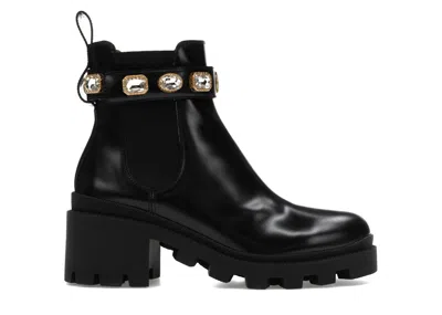 Pre-owned Gucci Women's  Crystal Belt 60mm Ankle Boot Leather Sneakers In Black/gold In Multi