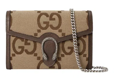 Pre-owned Gucci Women's  Dionysus Chain Wallet Jumbo Gg In Camel/ebony In Multi