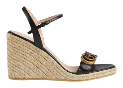 Pre-owned Gucci Women's  Double G 95mm Platform Espadrille Leather Sneakers In Black/gold