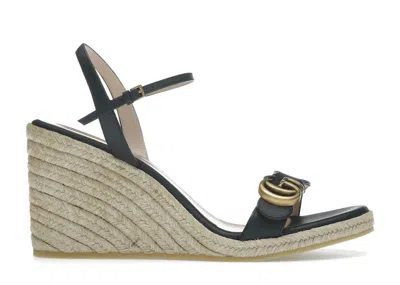 Pre-owned Gucci Women's  Double G 95mm Platform Espadrille Leather Sneakers In Black/gold