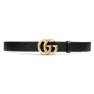Pre-owned Gucci Women's  Double G Brass Buckle Leather Belt Antique Brass Buckle 1 Width In Black