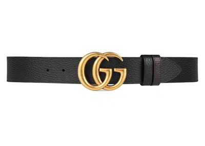 Pre-owned Gucci Women's  Double G Brass Buckle Reversible Textured Leather Belt 1.5w In Black/brown