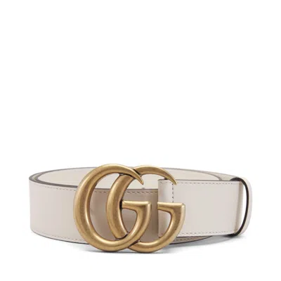 Pre-owned Gucci Women's  Double G Gold Buckle Leather Belt 1.5 Width In White