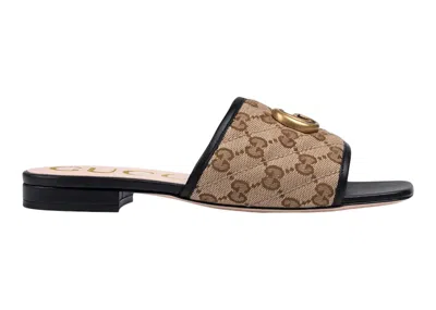Pre-owned Gucci Women's  Double G Slide Sandal Canvas Sneakers In Beige/ebony/black