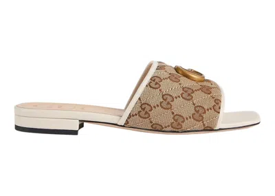 Pre-owned Gucci Women's  Double G Slide Sandal Canvas Sneakers In Beige/ebony/white