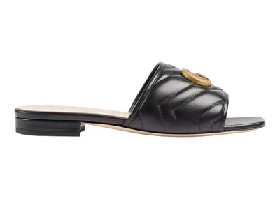 Pre-owned Gucci Women's  Double G Slide Sandal Leather Sneakers In Black/gold